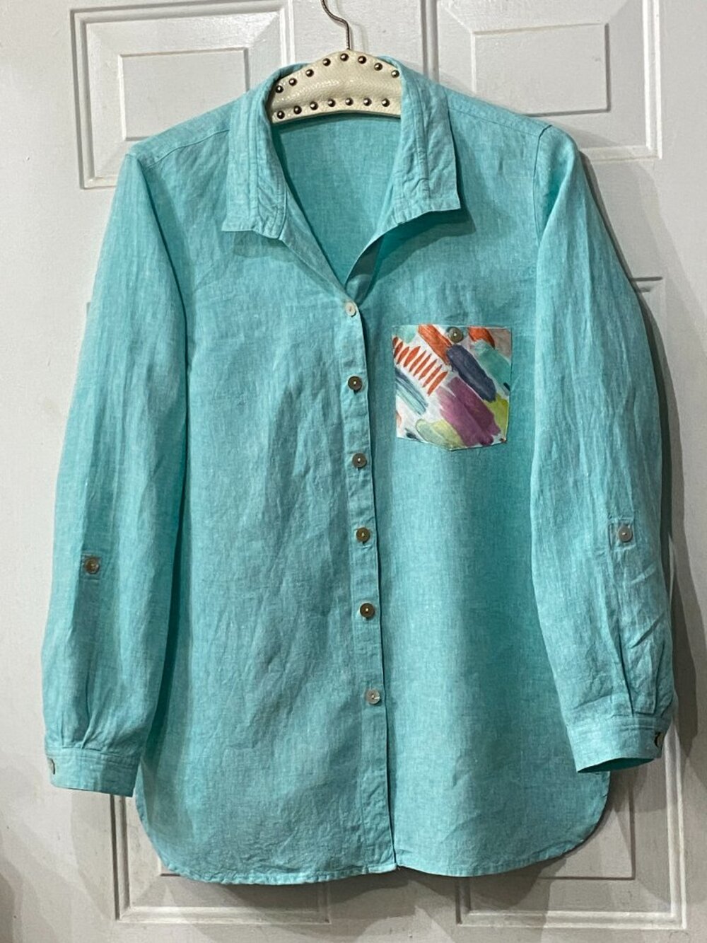 John Mark Sz L Womens Linen Shirt Tunic Button Roll Long Sleeve Turquoise/Multi